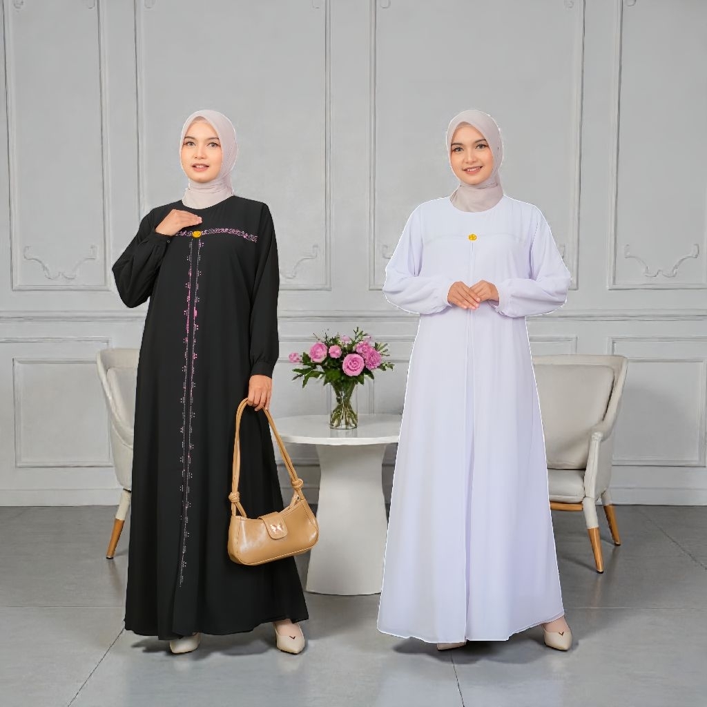 Elmeera Dress gamis polos hitam putih bahan ceruty import