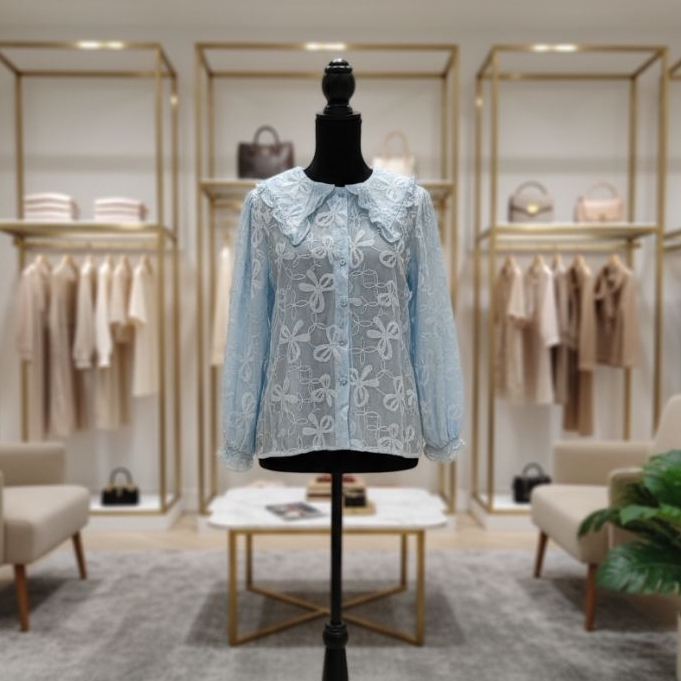 Blouse Brokat Bunga Biru Muda