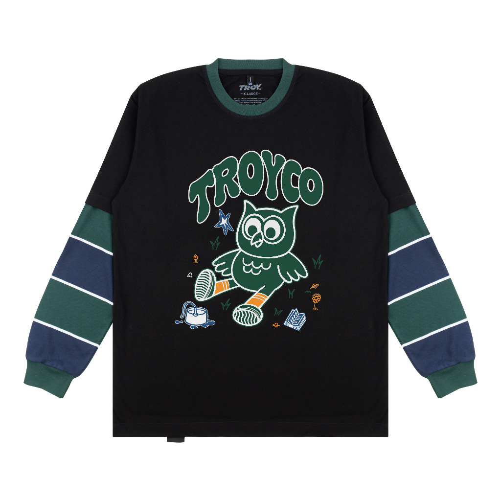 Troy Company Double Sleeve Longsleeve Tshirt Black Green Happy Hoot - Kaos Lengan Panjang Kaos Hitam DSD 3483