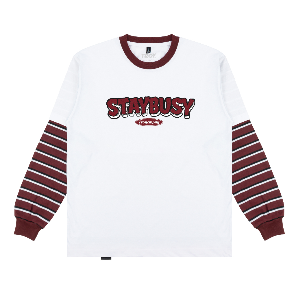 Troy Company Double Sleeve Longsleeve Tshirt White Maroon Rough - Kaos Putih Maroon Lengan Panjang DSD 3490