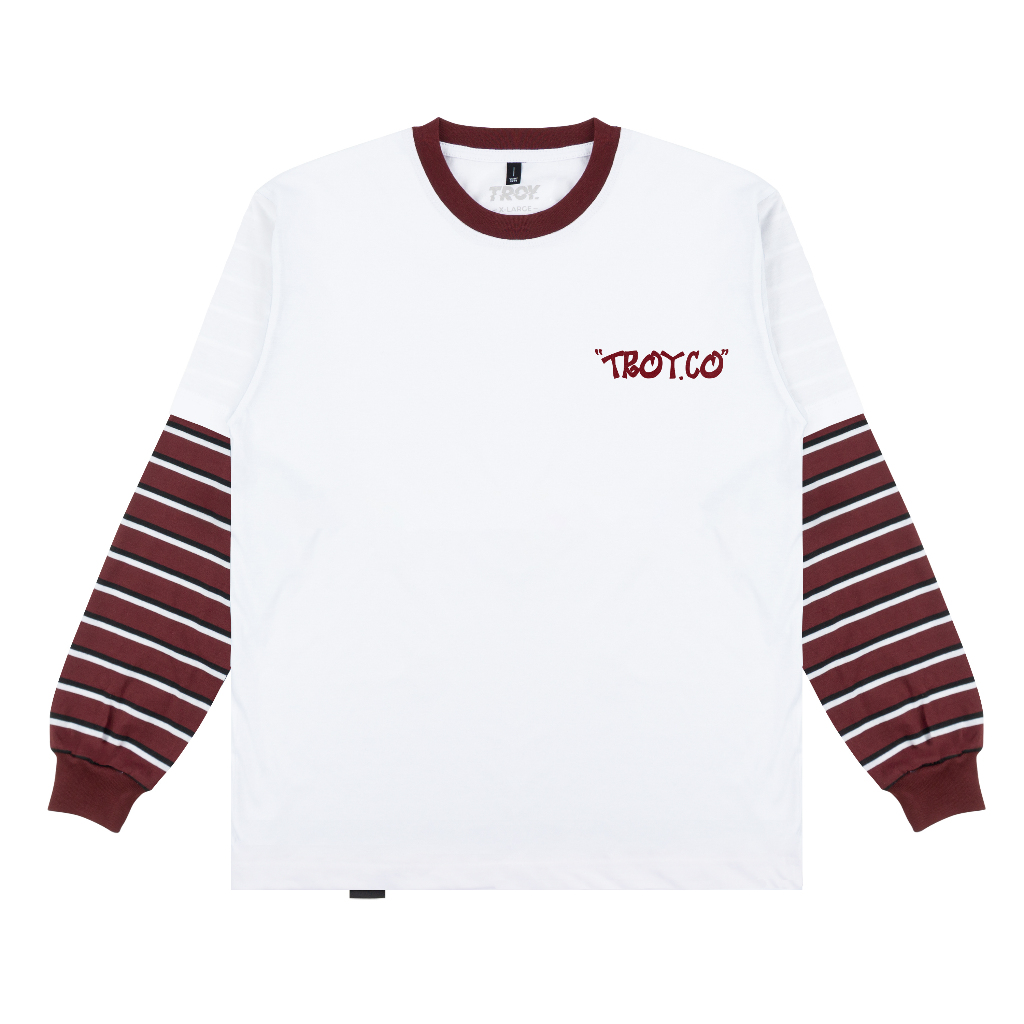Troy Company Double Sleeve Longsleeve Tshirt White Maroon Fight Unrestrained - Kaos Putih Maroon Lengan Panjang DSD 3491