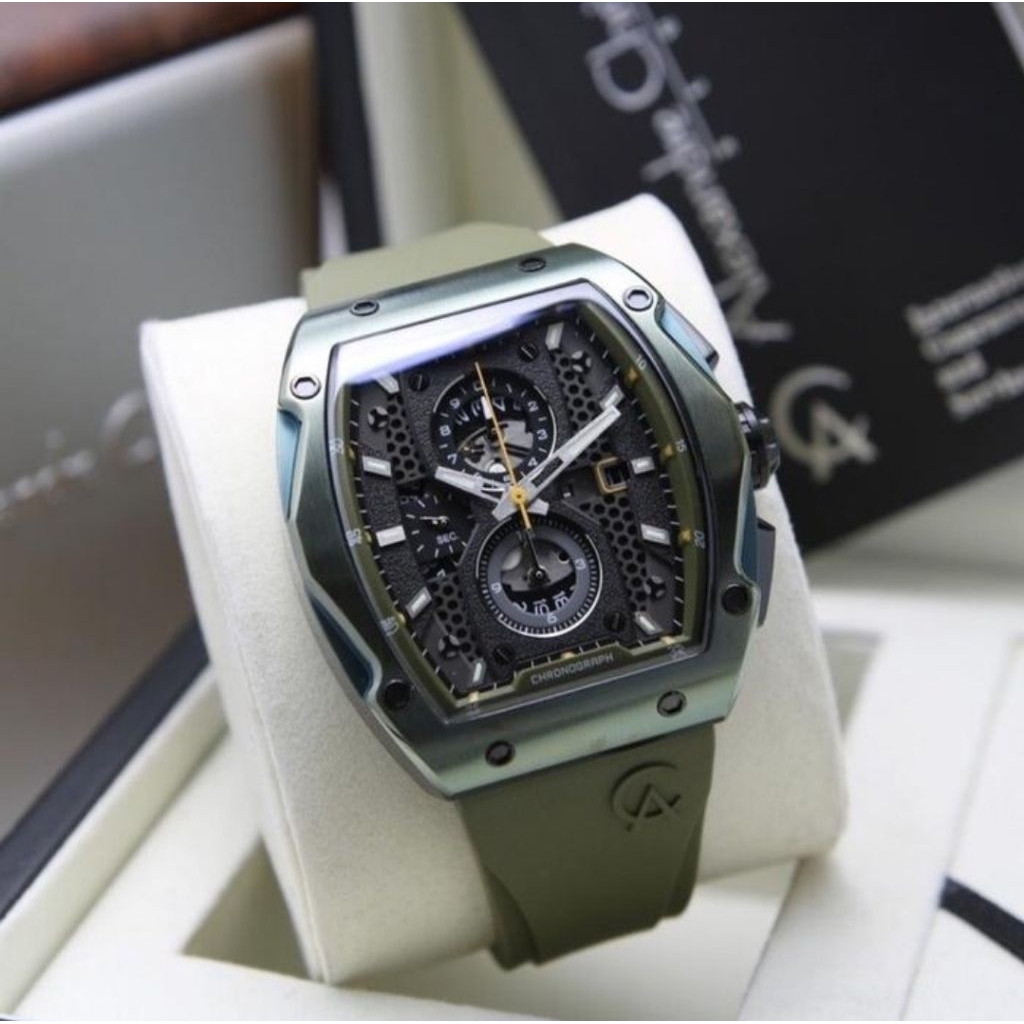 Jam tangan pria rubber  sport Alexandre Christie AC6608 green garansi 1 tahun