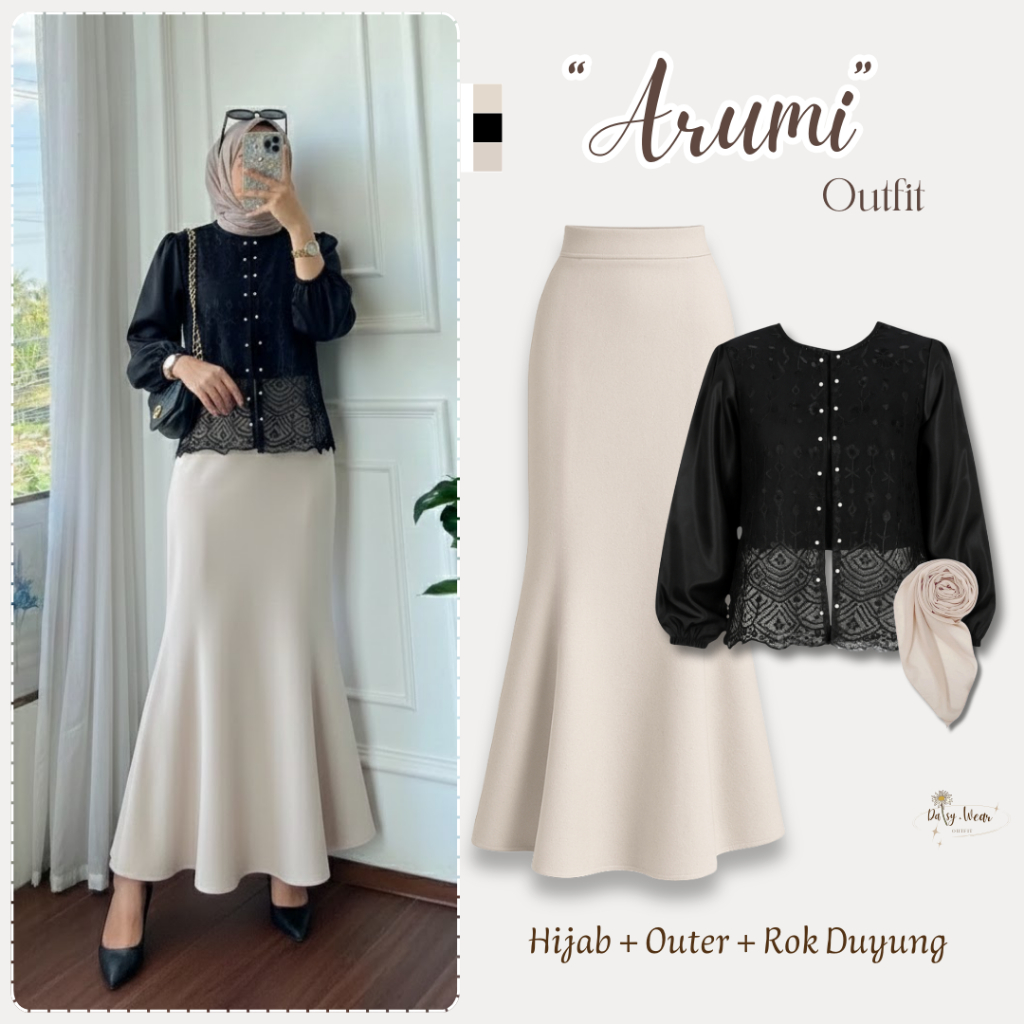 Arumi Outfit 3in1 | Arum Outer Brukat Organza Hitam + Rok Mermaid Skirt Scuba Ivory + Hijab Bella Sq