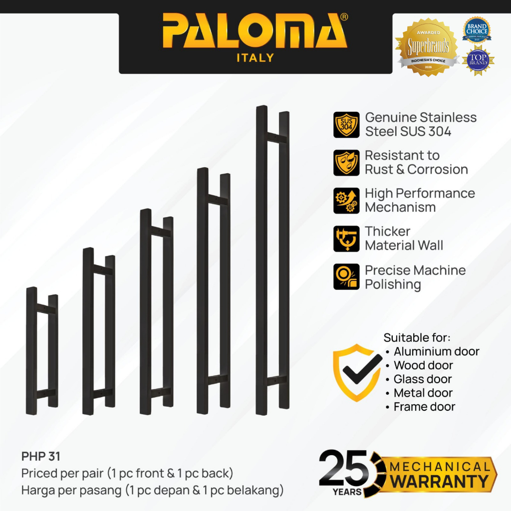 PALOMA Paket Gagang Tarikan Pintu Door Pull Handle Stainless Steel SUS 304 SUS304 Black Hitam PHP 31