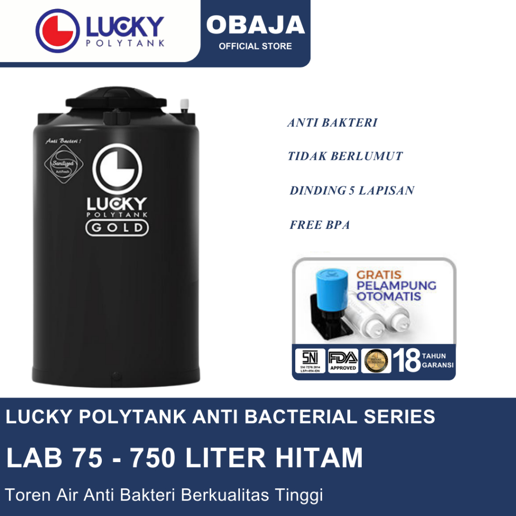 Lucky Polytank Toren Air LAB 75 Hitam / Toren Air LAB 750 Liter HItam Lucky Polytank