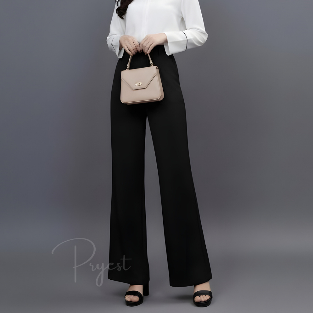 PRYEST FOR FEMME - Celana Bahan Panjang Wanita Cutbray Hitam Premium