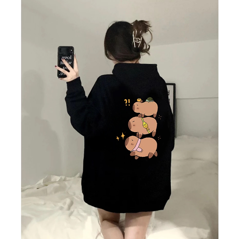 MONSEUR Hoodie Lengan Panjang Wanita Versi Korea Dengan Motif Capybara Lucu/Sweater Korea Lengan Pan