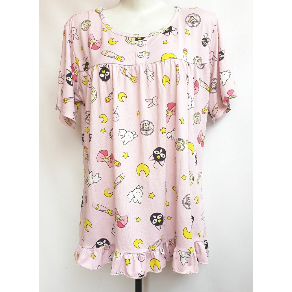 Piyama Pakaian Tidur Blouse Atasan Oversize Sailor Moon Motif Kelinci Bulan Pita Kancing Depan Leher