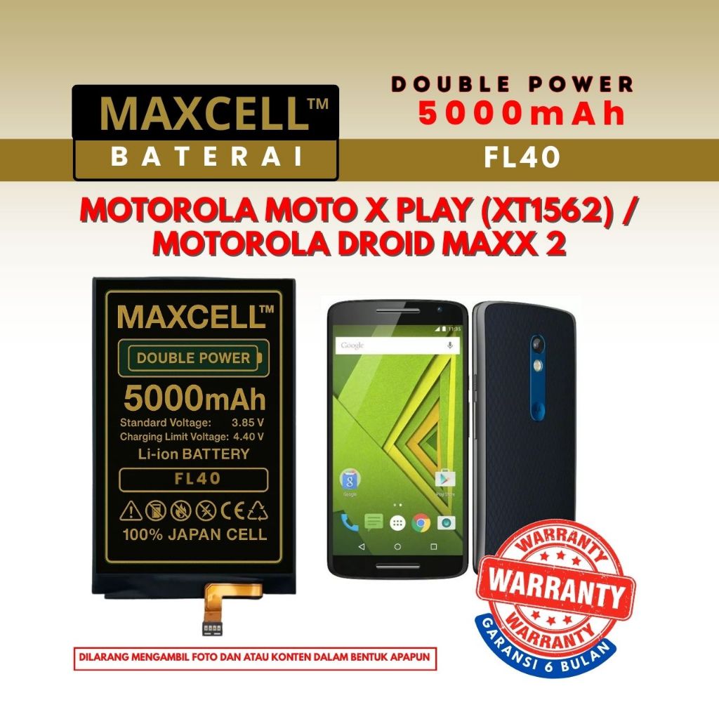 Baterai FL40 Compatible MTRL Moto X Play (XT1562) / MTRL Droid Maxx 2 Double Power 5000mAh