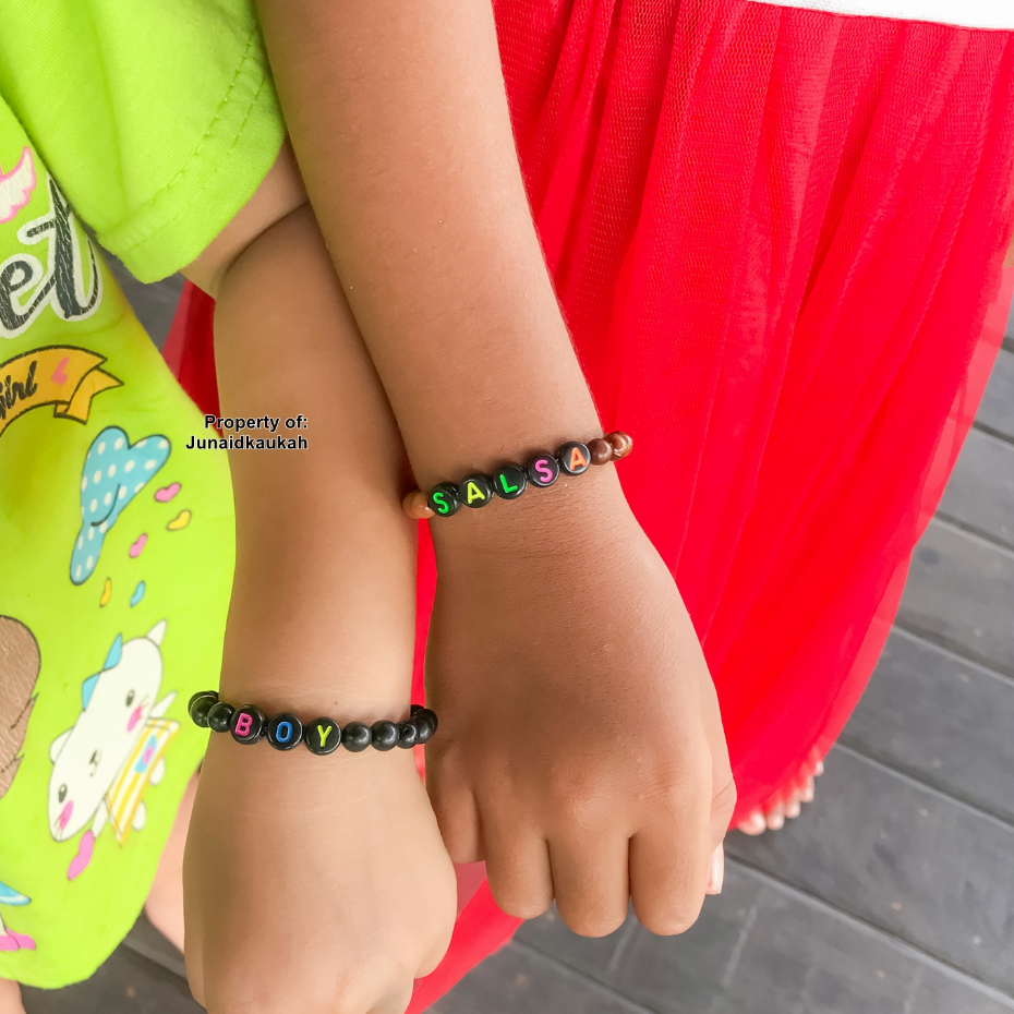 Gelang Nama Bayi & Anak Custom Huruf Manik Tali Karet Elastis - Butiran Bulat Kayu Kaukah Kokka Asli