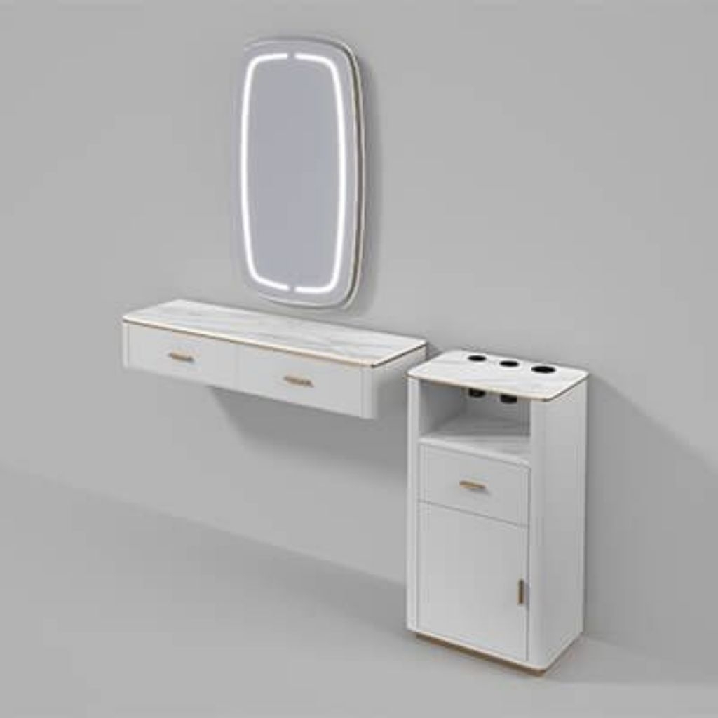 Kabinet Meja Barbershop sudut lengkung / Meja Salon minimalis / Kabinet penyimpanan Laci + Pintu