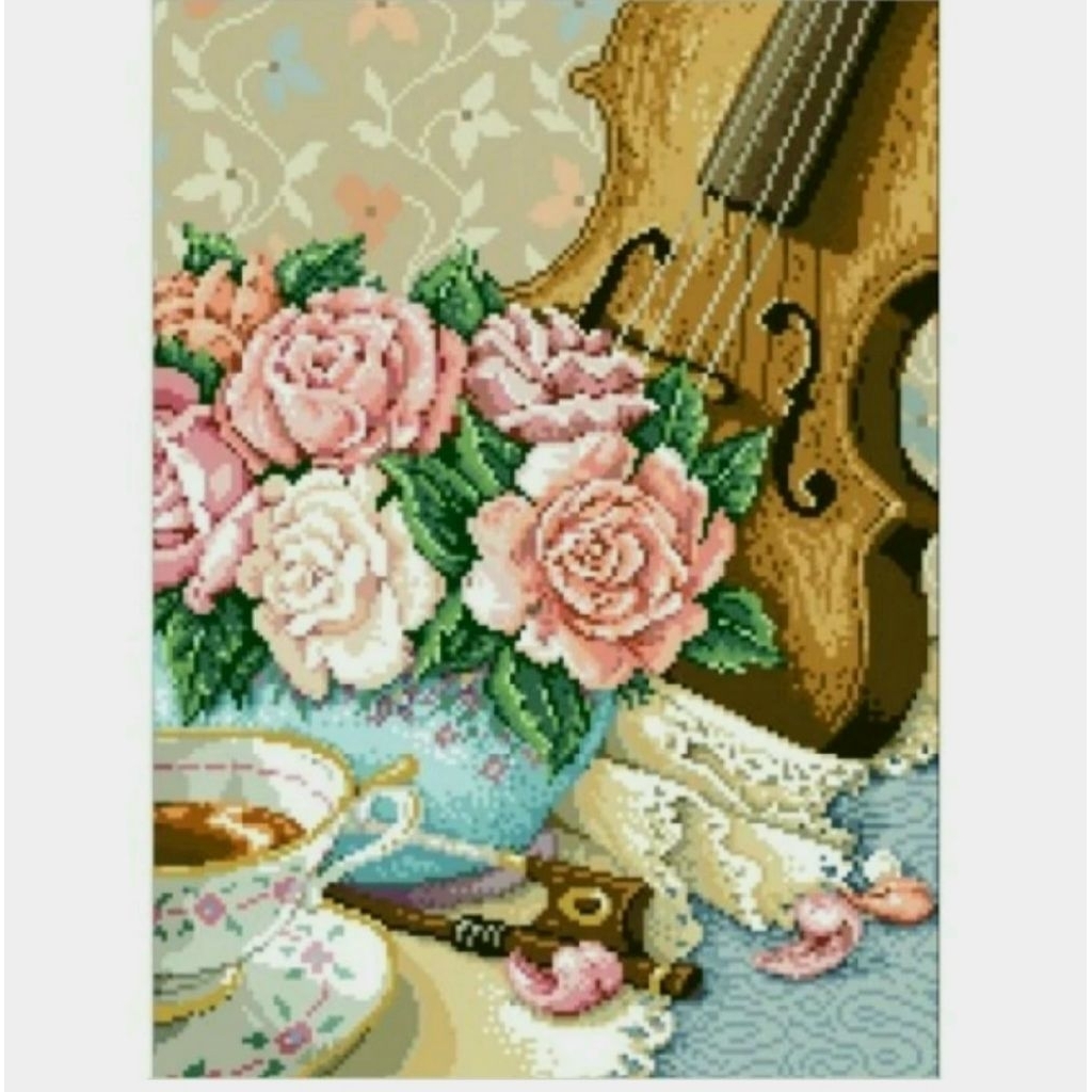 DIY Paket kristik bunga mawar biola pola kain roses dmc alat musik biola violin full cross stitch ki