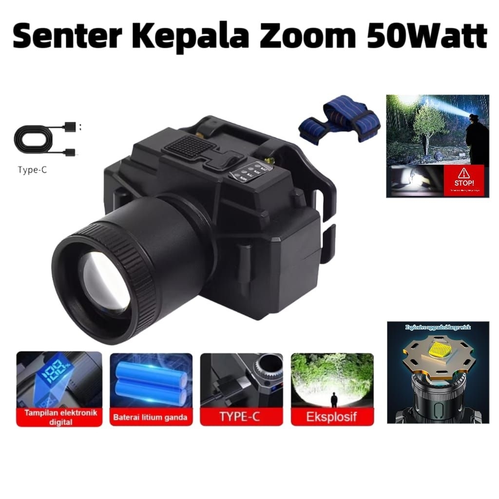 Senter Kepala Zoom Senter Kepala Super Terang 50Watt Teleskop Led Fokus 50Watt