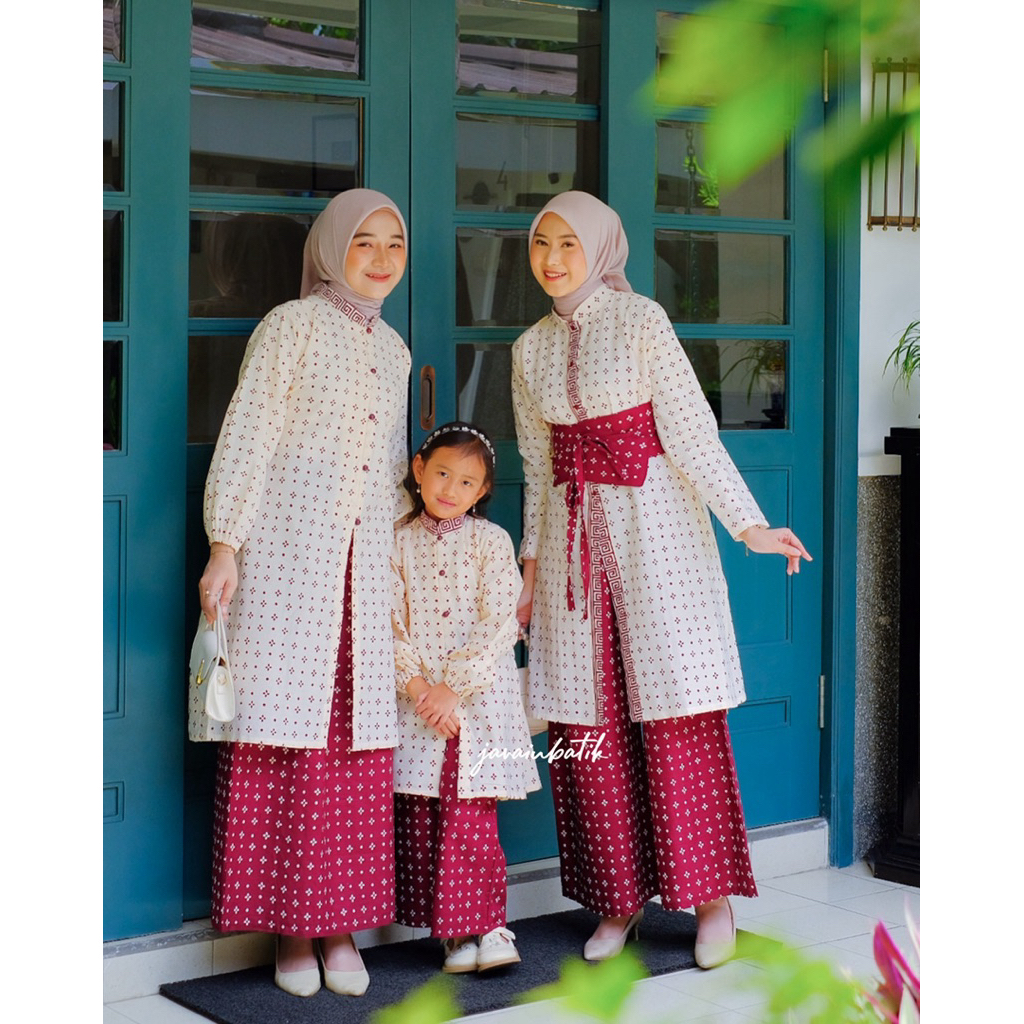 javainbatik - SET FAMILY BATIK SEJUMPUT CREAM MAROON - set couple batik - batik kondangan - one set 