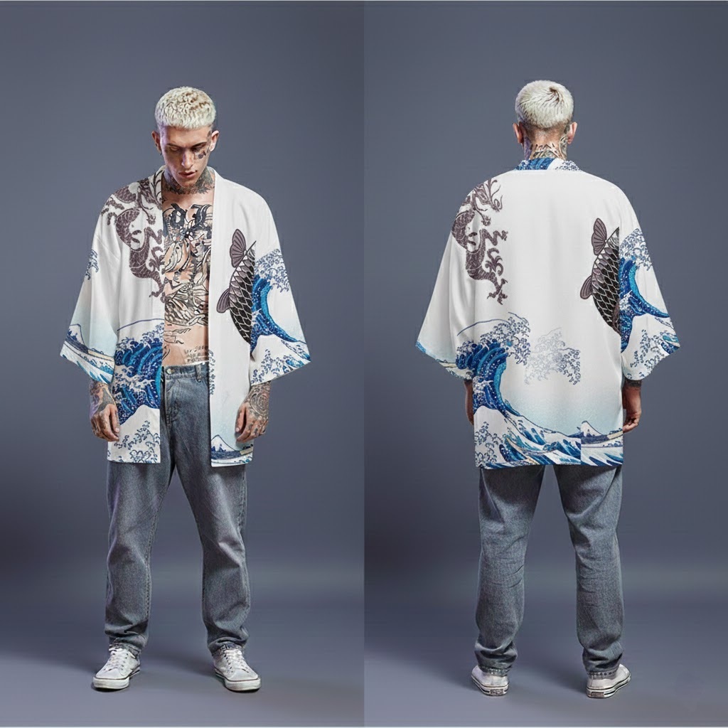 Kimono Haori Polyester White Dragon Koi Wave Premium