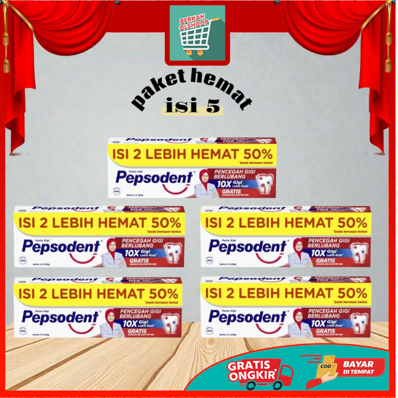 COMBO PAKET ISI 5 PEPSODENT PENCEGAH GIGI BERLUBANG 225 PAKET HEMAT MERDEKA  2 X 225 G