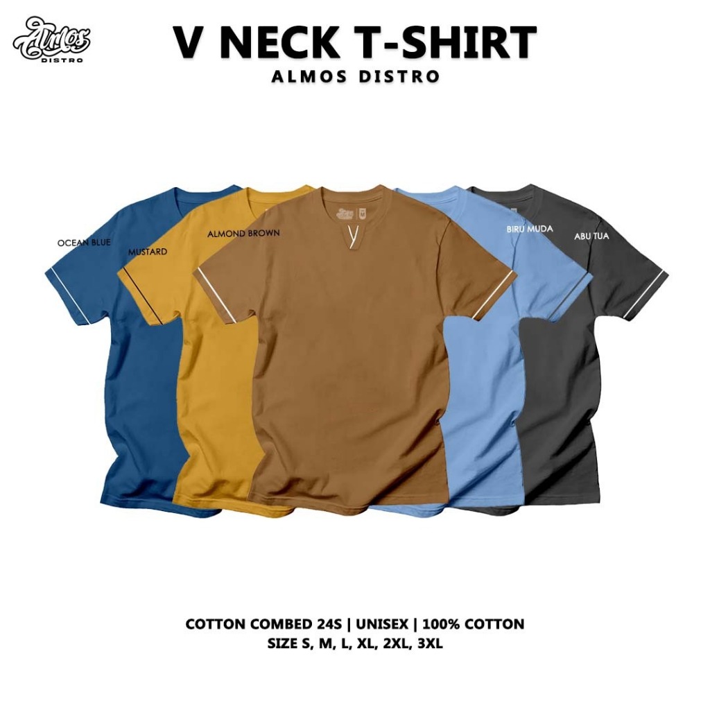 AlmosDistro Kaos Kerah V Simple List | V Neck Tshirt | Basic Tshirt Cotton combed 24s  Vol.2