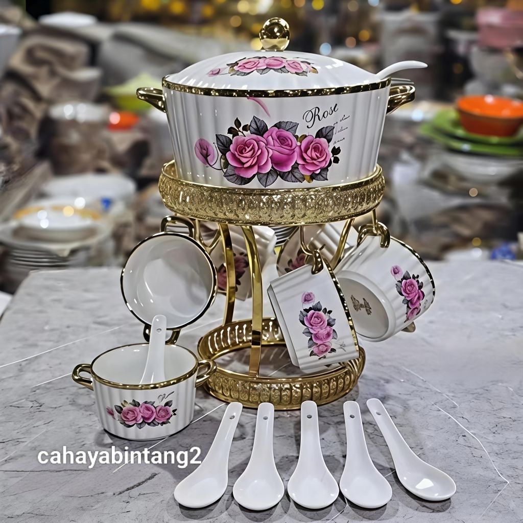 (Packing Kayu) Wadah Saji Sup Keramik Marble Fiorenza/ Sop Tureen 628