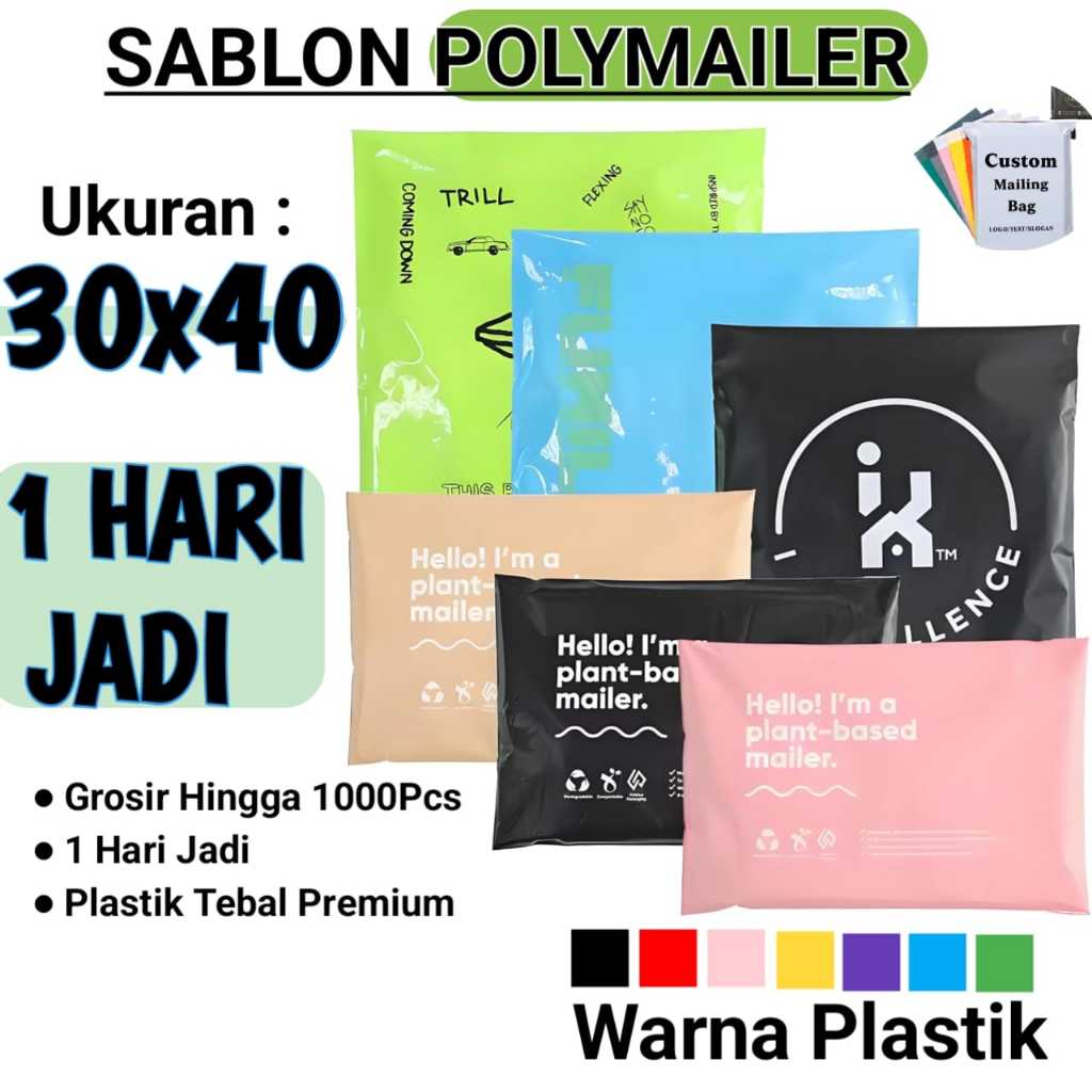 Sablon Logo Plastik Polymailer Seal Lem Warna 30x40cm - Plastik Packing Olshop Grosir