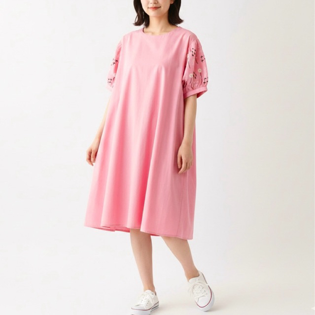 DRESS MIDI KATUN MERAH MUDA PINK FUSCHIA PREMIUM LENGAN BORDIR BUNGA OVERSIZE DROP SHOULDER KOREA IM