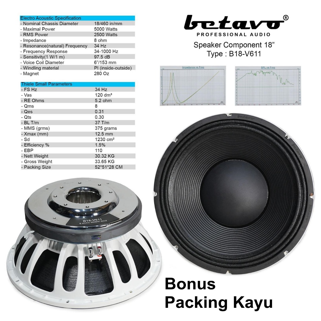 Speaker Betavo B18-V611 White Series Component 18 Inch Voice Coil 6"