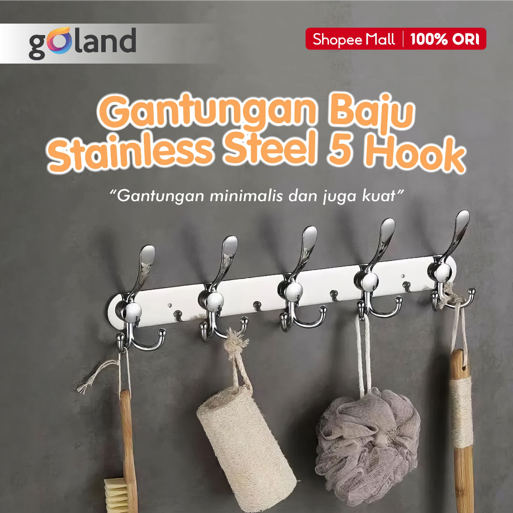 Goland - Gantungan Baju Dinding Stainless Steel 5 Kait - Gantungan 5 Hook Motif Premium Multifungsi