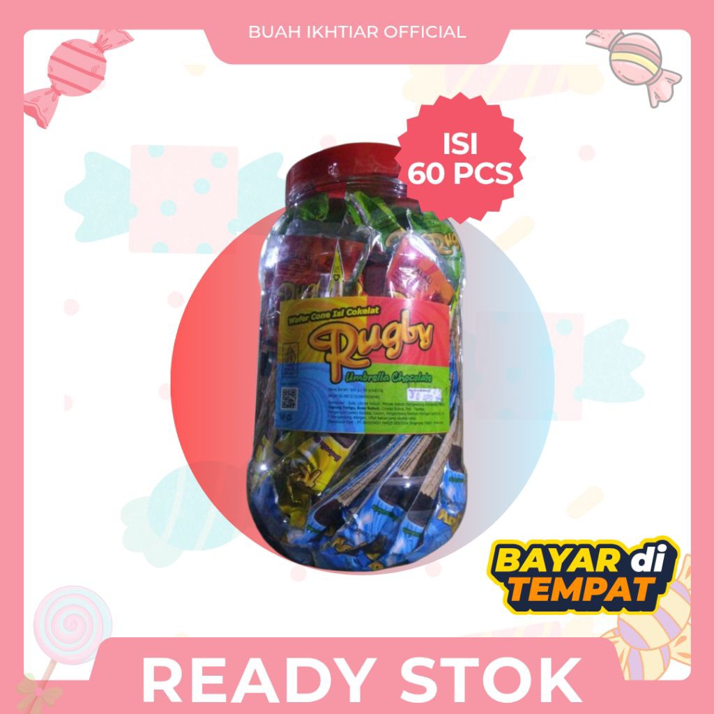 Rugby Coklat Payung Wafer Cone Toples Isi 60 Pcs - Permen Coklat Payung Jadul Aneka Warna (Grosir)