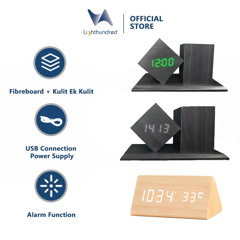 Lighthundred Jam Meja Kayu Digital Led / Jam Kayu / Jam Meja Digital Led