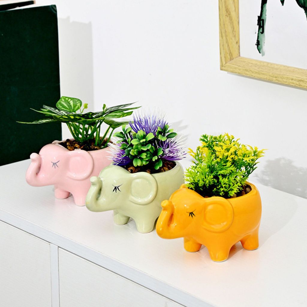 Pot Keramik Gajah Premium Pot Bunga Tanaman Hias Meja Ada Lubang