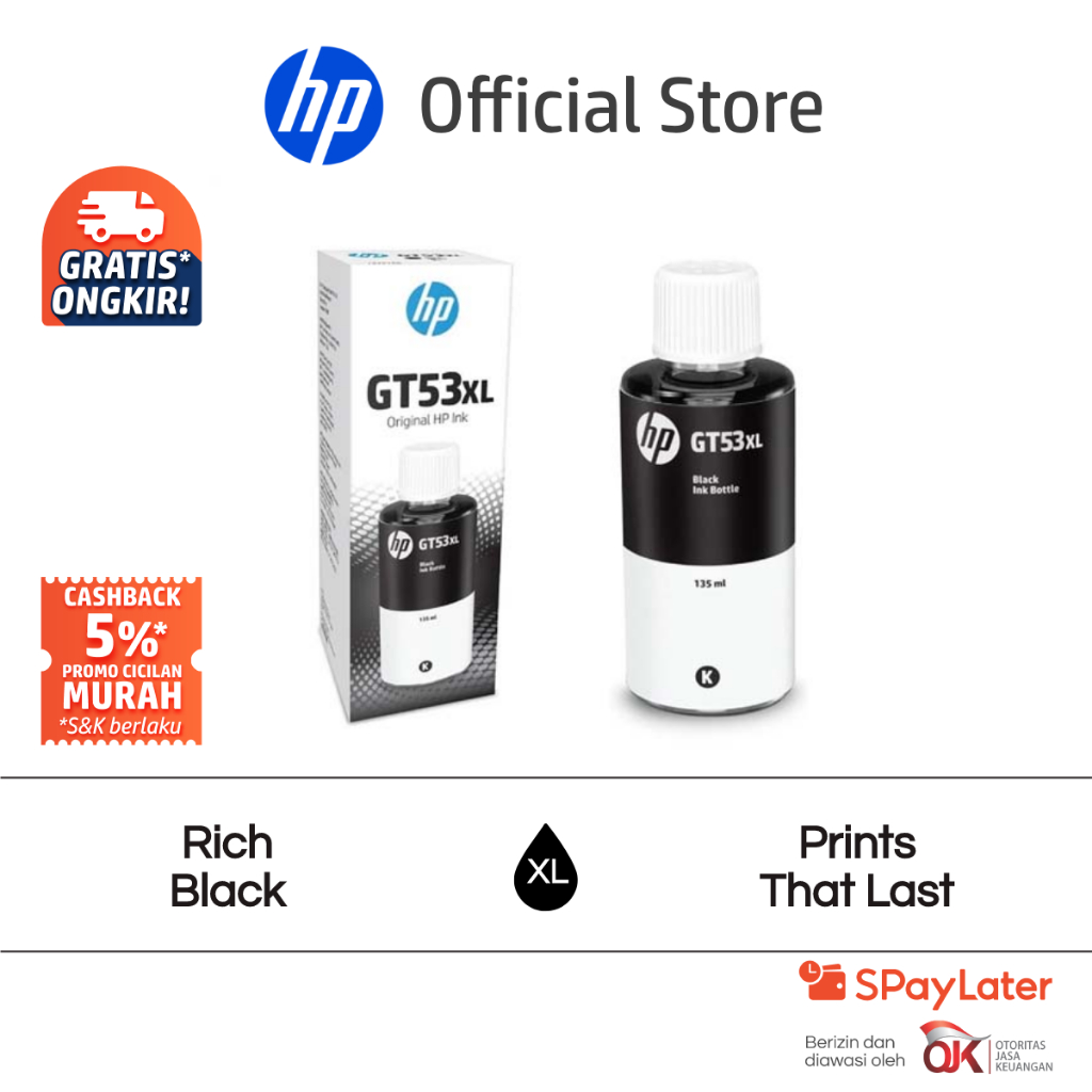 Tinta HP GT53XL 135-ml Black Original Ink Bottle Hitam Catridge Asli HP Smart Tank 350 series, HP Sm
