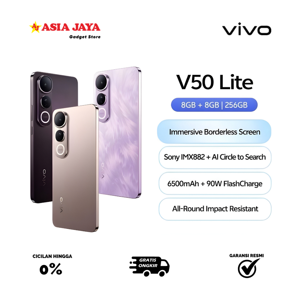 [Ex Display] VIVO V50 Lite 4G (8/256) Borderless Immersive Screen, Sony IMX882, 6500mAh Battery+90W 