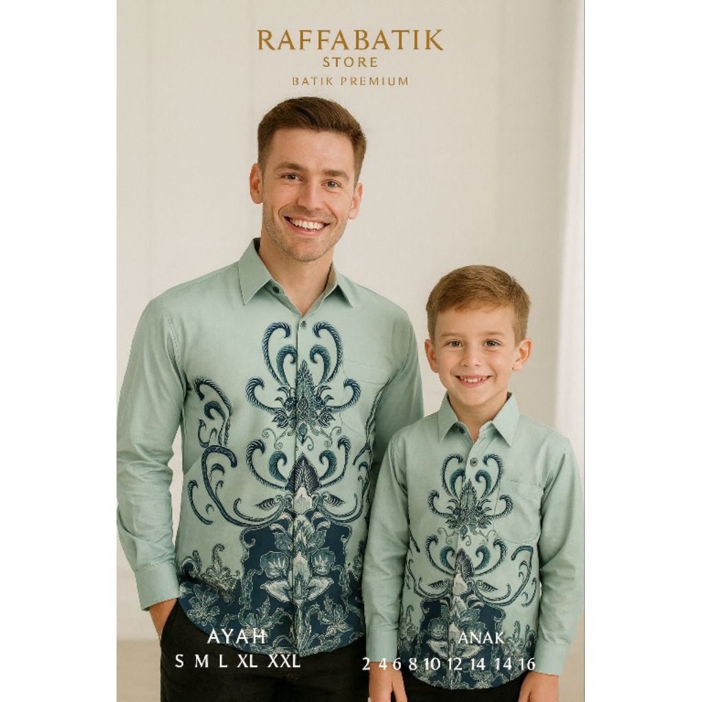 kemeja batik couple premium ayah anak hijau mint bahan halus elegan tampilan mewah