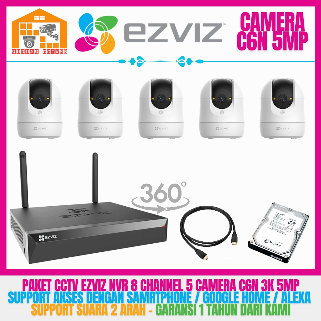 Paket CCTV Ezviz 5MP NVR 8 Channel 5 Kamera Ezviz 5MP Two Way Audio 3K PTZ Camera Wireless