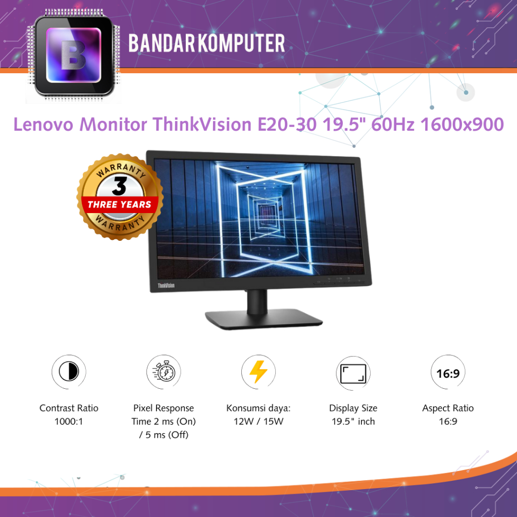 Lenovo ThinkVision E20-30 Monitor 19.5 Inc Anti-Glare Flicker Free