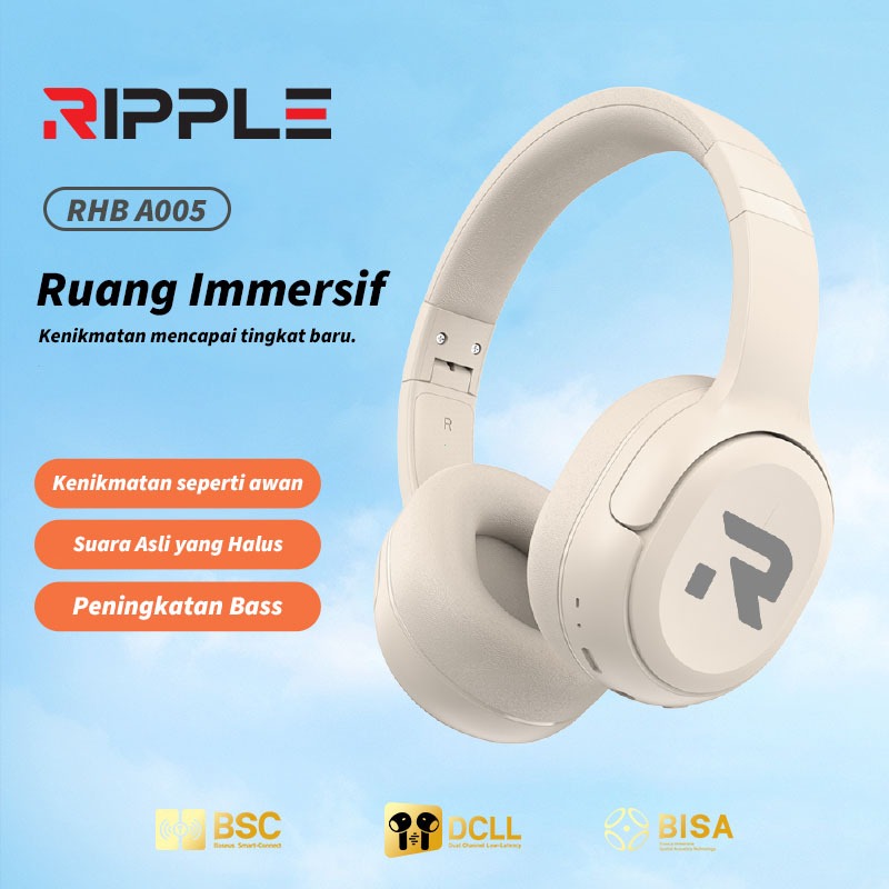 Ripple Headset Bluetooth Super Bass Gaming Wireless TWS Android/iphone Original 100% Kepala Musik