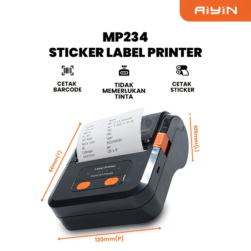 AiYin MP234 - Thermal Printer Bluetooth POS Struk Nota Mesin Kasir Label Barcode