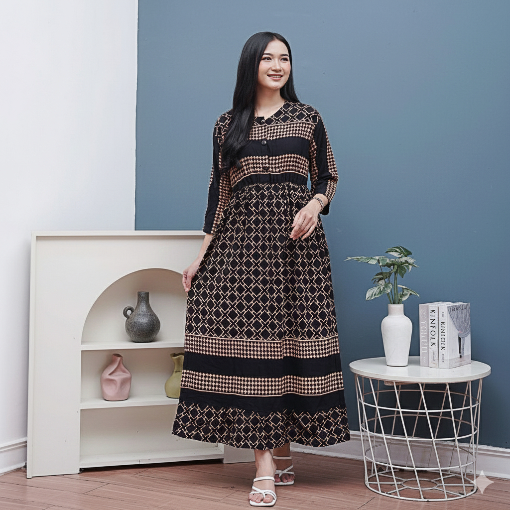 Midi Dress Daster Wanita Rayon Premium Lengan Panjang Kerut Dada Busui Kekinian