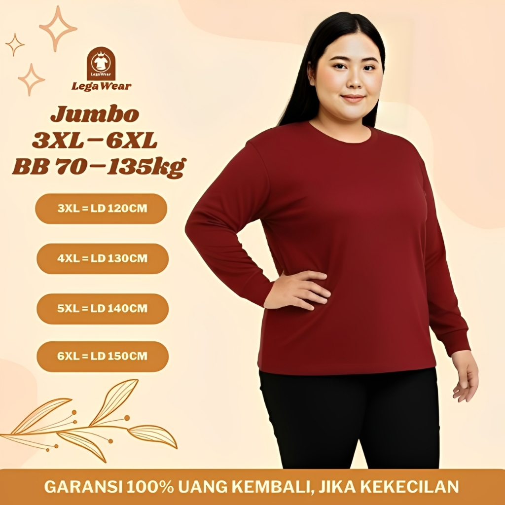 Kaos Oversize Wanita Longsleeve Loose Jumbo LD 120 130 140 150 Cotton Premium Tebal Maroon