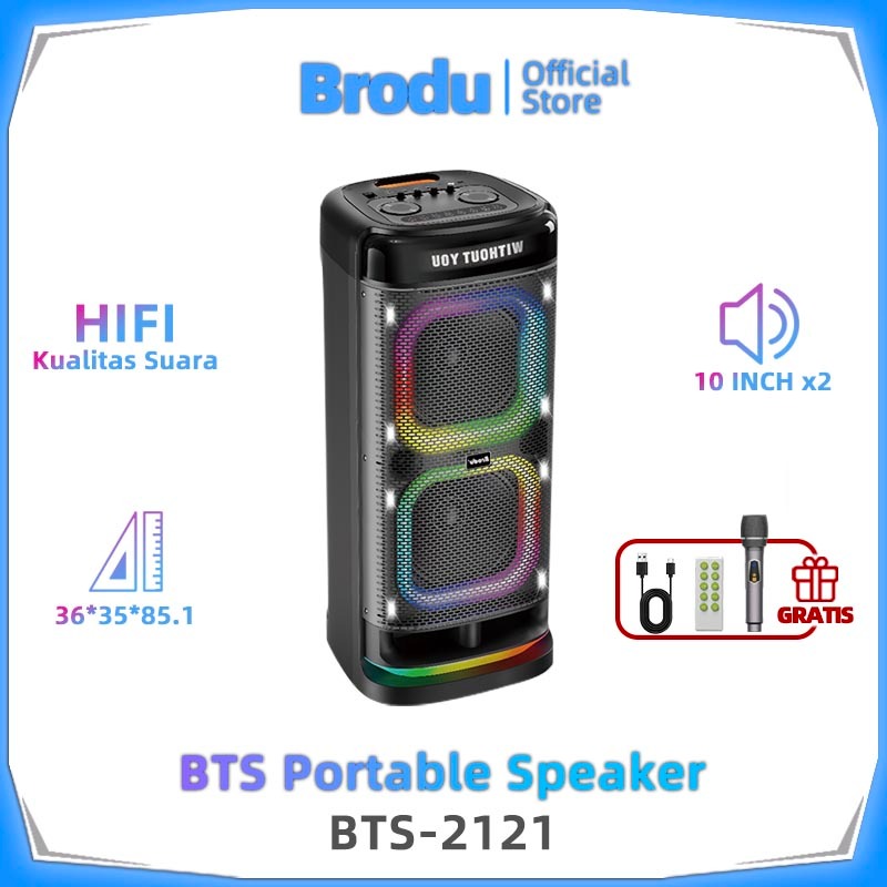 Speaker Karaoke Brodu BTS-2121 Dual 10 Inch dengan Lyric Display & 2 Mic Wireless - Speaker Party LE