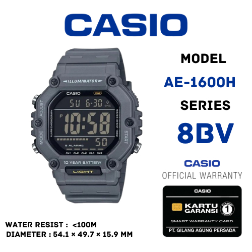 Casio General AE-1600H-8BVDF / AE-1600H-8BV / AE-1600H Jam Tangan Pria Digital Karet Original