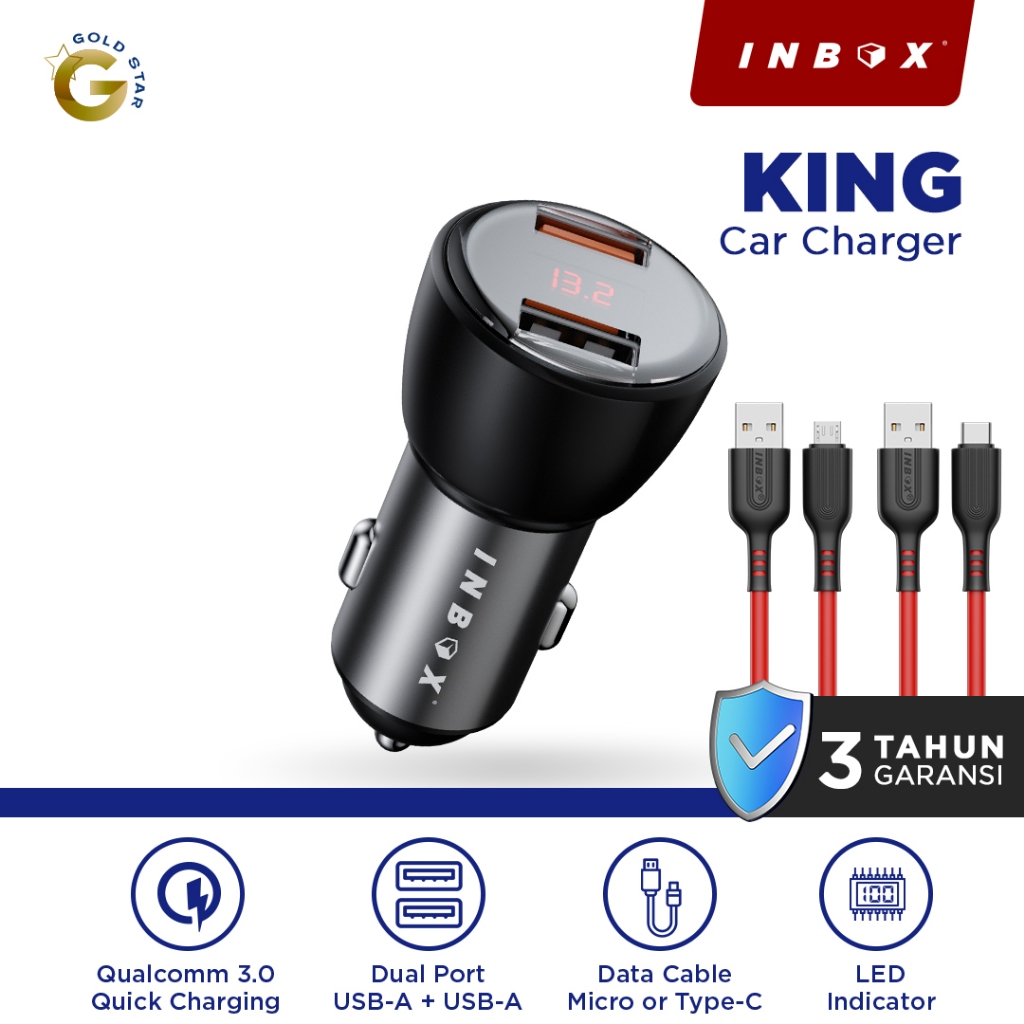 Saver Inbox King 2 Output USB Kabel Data Micro QC 3.0 / TypeC | Car Charger GARANSI 3 TAHUN