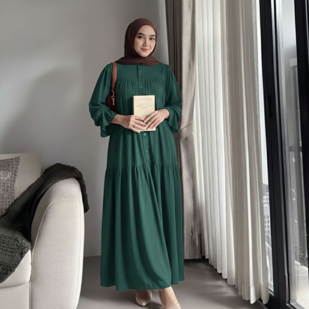 NEW PRODUCT Nagita Dress Gamis Rayon Twill - Gamis Lebaran Model Lengan Balon Kancing Depan Busui