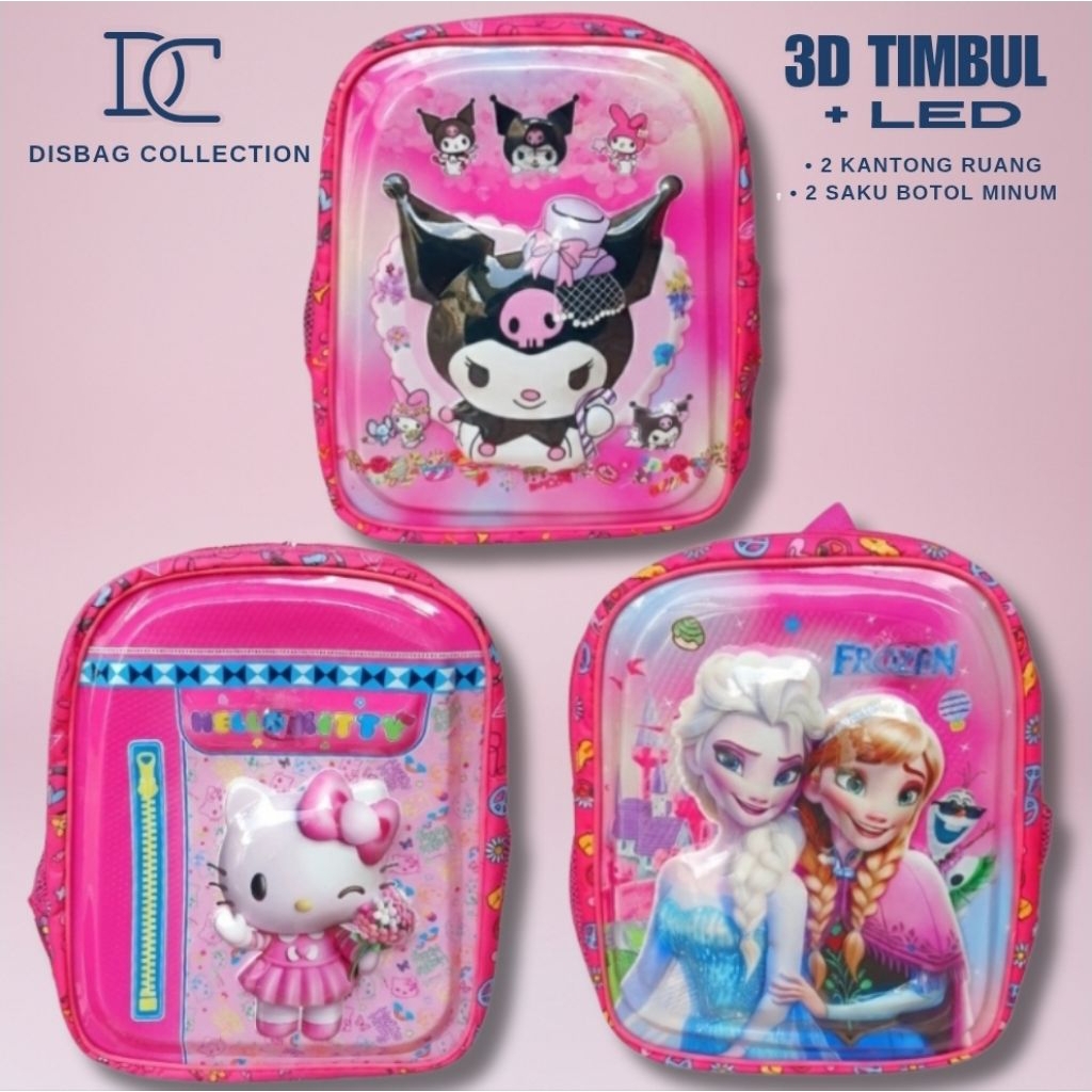 Tas Sekolah Anak Perempuan TK Kuromi 3D dengan Lampu LED Karakter Frozen Elsa / Hello kitty
