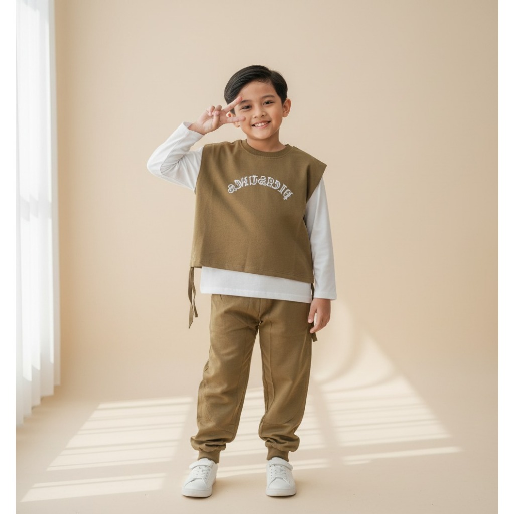 HARUTO BOY SET Baju Anak Laki laki Setelan Casual 3in1 Atasan Sweater Lengan Panjang Vest Celana Jog