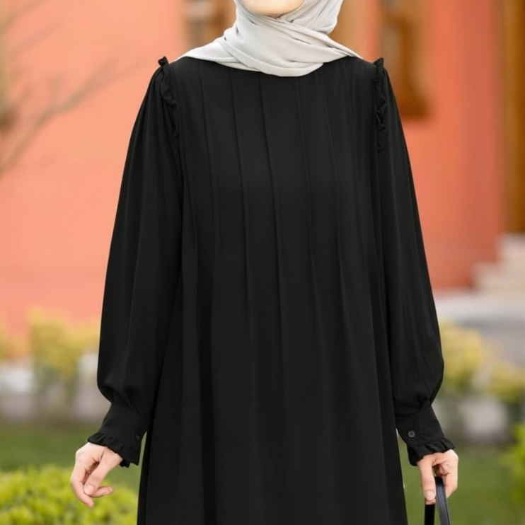 GF - dress hitam BAHAN JETBLACK size S M L XL fashion muslim wanita ARAFFAH DRESS GAMIS HITAM POLOS