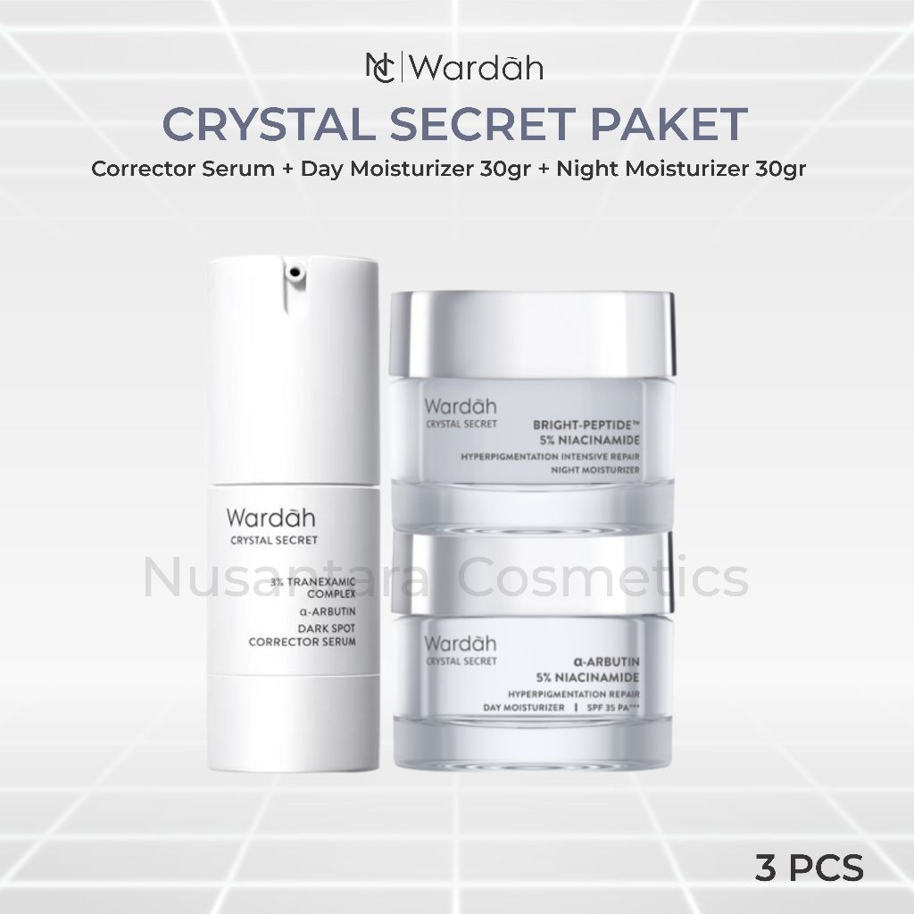 WARDAH Crystal Secret Package (Serum 20ml, Day Cream 30g, Night Cream 30g) - Rangkaian Skincare Untu