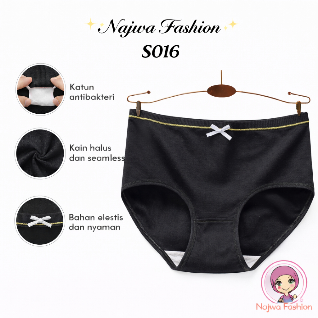 NAJWA - Celana Dalam Wanita / CD Cewek Polos list hitam Pita Cd Katun S016