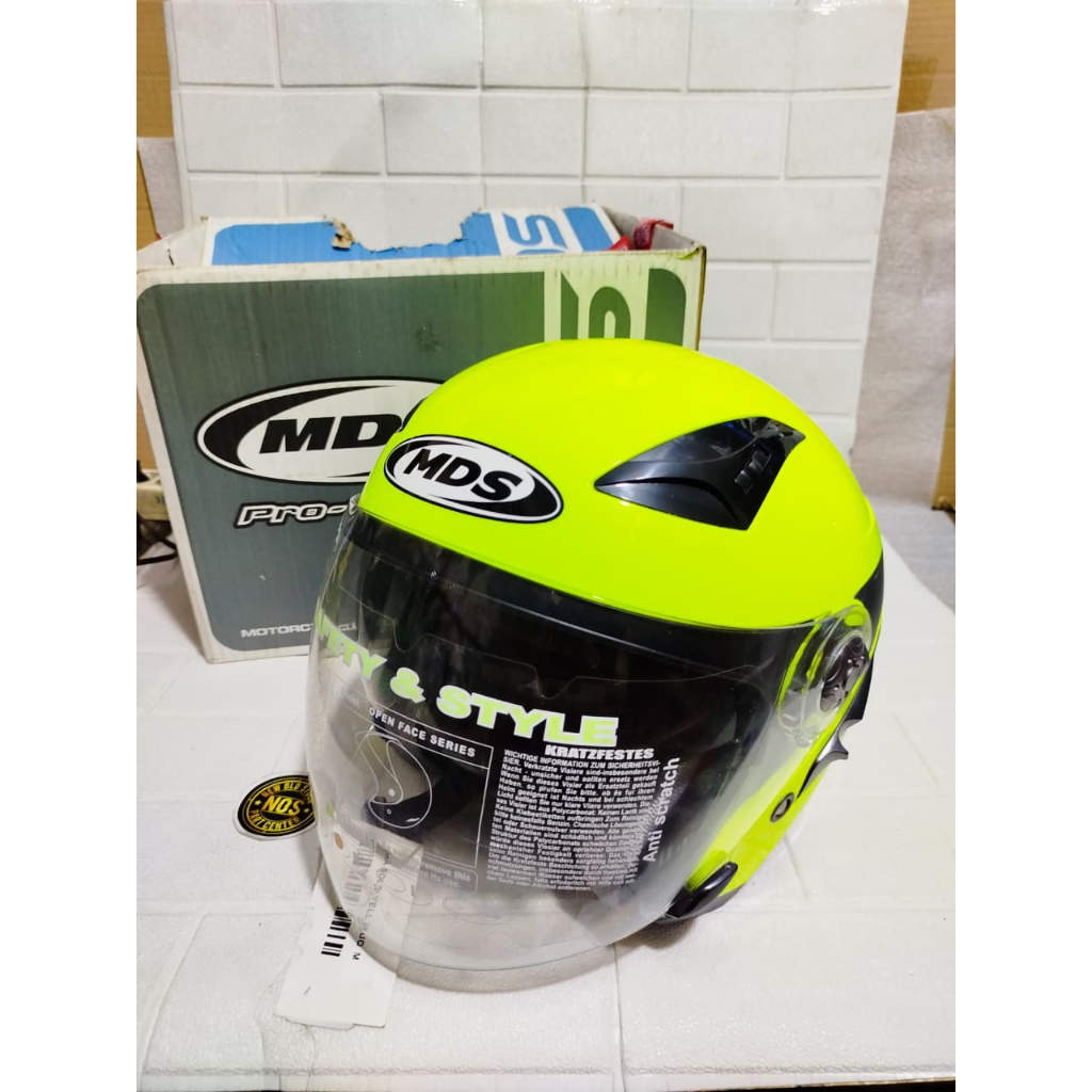 HELM HALF FACE HALFFACE MDS ZARRA SOLID YELLOW FLUO KUNING STABILO DOUBLE VISOR ANTI UV MATAHARI SIZ