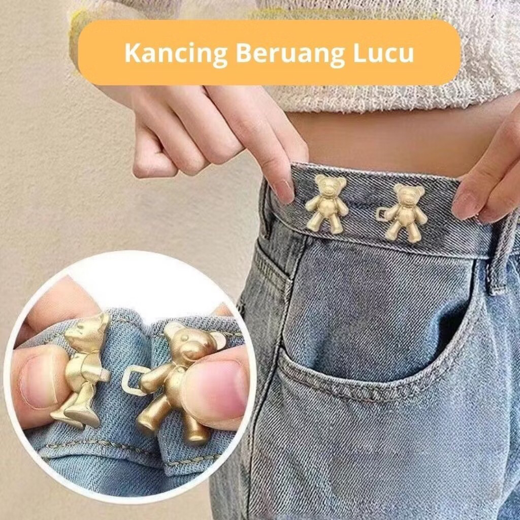 2 Pcs Kancing Pengecil Celana Jeans karakter 3D Bear Kancing Penjepit Celana kebesaran anti kedodora