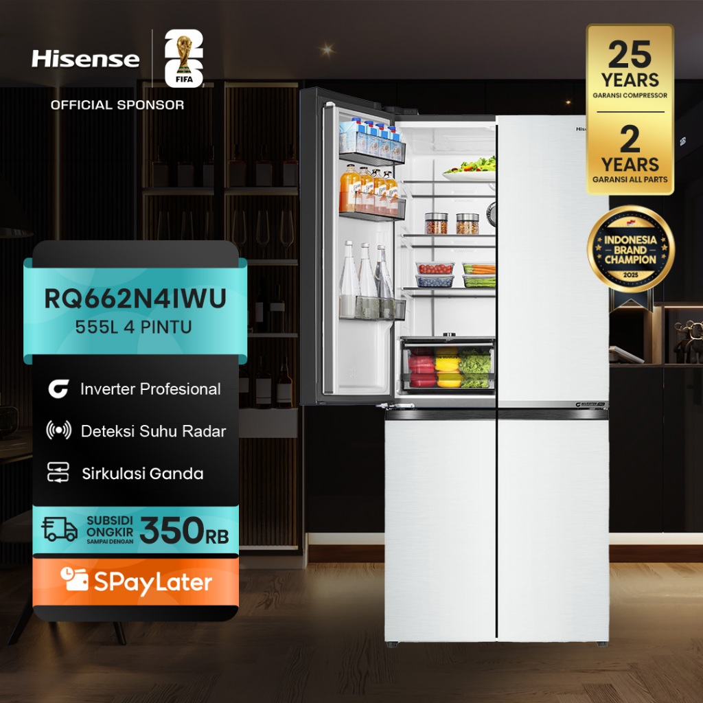 Hisense Kulkas RQ662N4IWU Refrigerator 4 Pintu Kapasitas 555L Warna Putih Inverter Pro 360 Derajat M